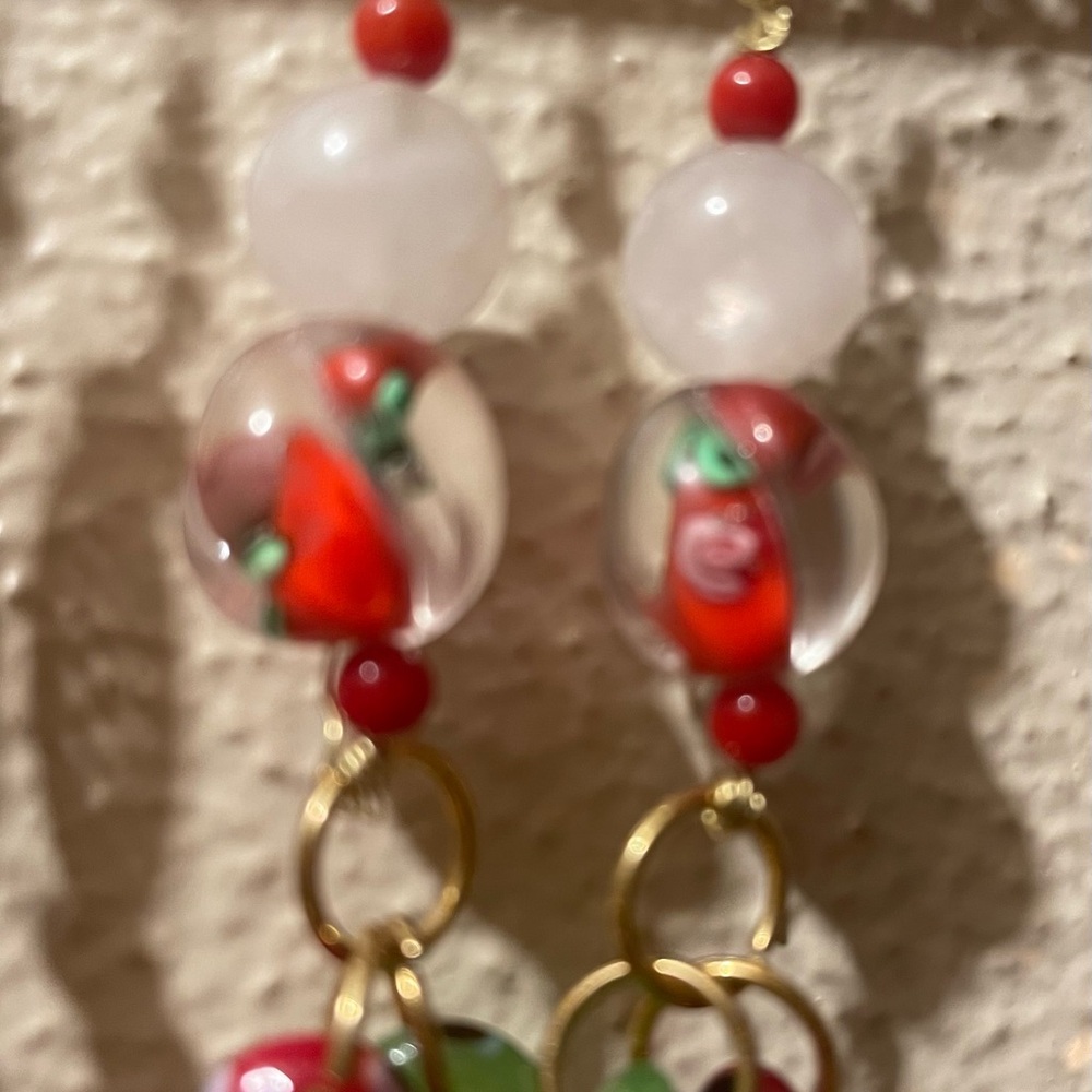 Whimsical Red and Gold Dangle Earrings
